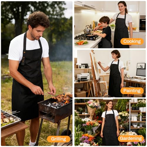 Adjustable Bib Apron Waterdrop Resistant with 2 Pockets Cooking Kitchen Aprons for Women Men Chef - color: Black
