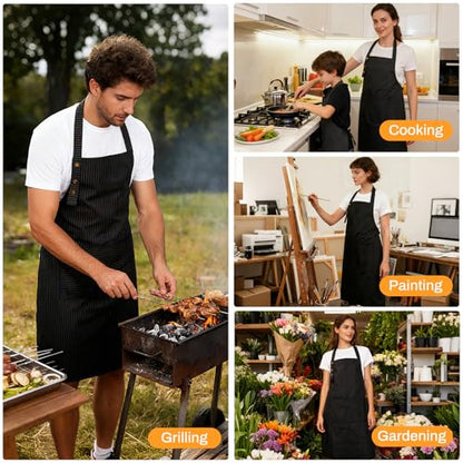 Adjustable Bib Apron Waterdrop Resistant with 2 Pockets Cooking Kitchen Aprons for Women Men Chef - color: Black