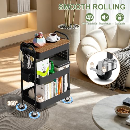 3 Tier Rolling Cart with DIY Pegboard, Metal Utility Cart with Table top - color: Black With Pegboard