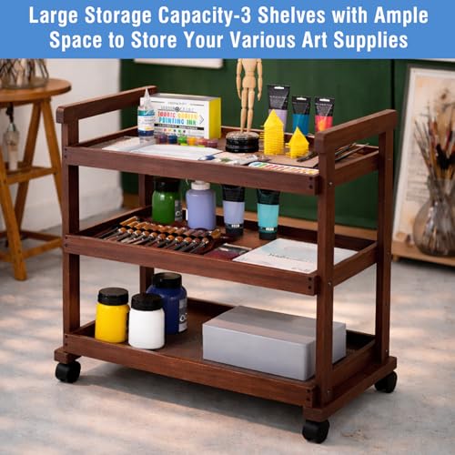 Falling in Art 3-Tier Beechwood Rolling Cart with Caster Wheels, Walnut - color: Walnut