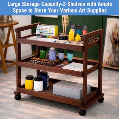 Falling in Art 3-Tier Beechwood Rolling Cart with Caster Wheels, Walnut - color: Walnut