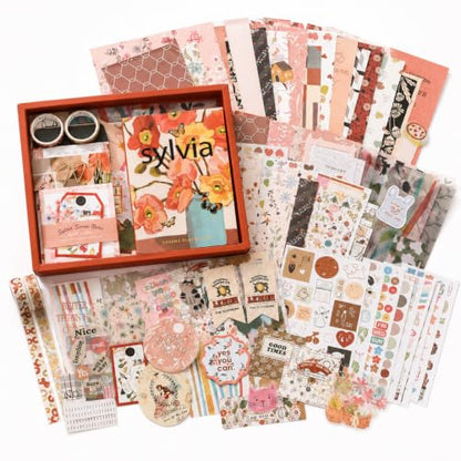 Diuhofart Aesthetic Scrapbooking Kit with A6 Notebook, Papers & Stickers - color: Sylvia-scrapbook-kit