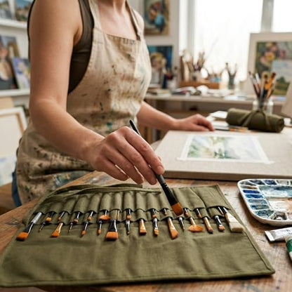 Liquidraw 30 Pocket Roll-Up Canvas Paint Brush Holder, 21 x 18in (Green) - color: Green