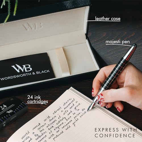 Wordsworth & Black Majesti Luxury Fountain Pen Set for Writing, Medium Nib - color: Checked Chrome, style: Medium Nib