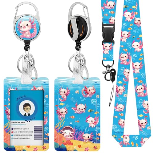 Axolotl Lanyards for ID Badge Holder, Cute Axolotl Cactus ID Badge Holder - color: Axolotl-blue