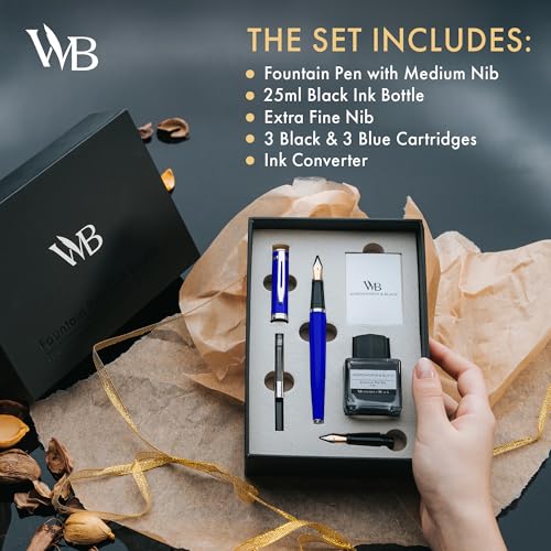 Wordsworth & Black Fountain Pen Gift Set, Medium & Extra Fine Nib, Blue - color: Blue Chrome