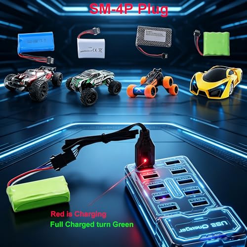 SM-4P Charger for RC Car/Boat/Gel Ball Blaster 7.4V Li-ion Battery, USB Charging Cable 2-Pack