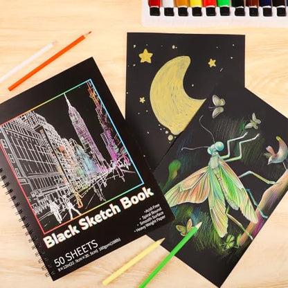 2 Pack Black Paper Sketchbook, 9 × 12 in, 100 Sheets, 160gsm Spiral Bound - size: 9×12 Inch (2 Pack )