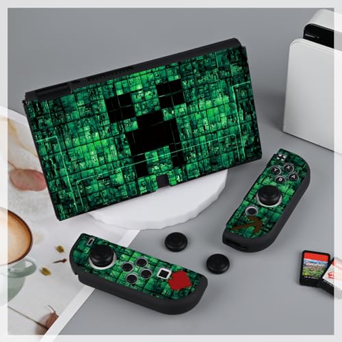 DLseego My World MC Protective Case for Switch OLED New Model, Dockable Soft Shell Cute Cover Case for Joycon Controller with 4PCS Thumb Grips Caps - Green OLED - color: Green OLED