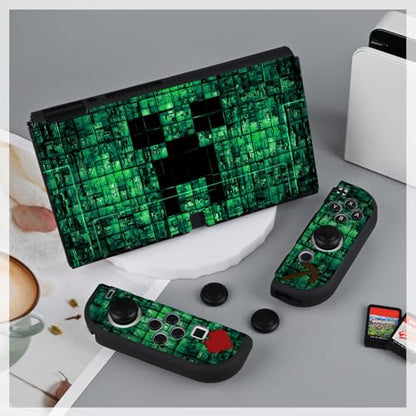 DLseego My World MC Protective Case for Switch OLED New Model, Dockable Soft Shell Cute Cover Case for Joycon Controller with 4PCS Thumb Grips Caps - Green OLED - color: Green OLED