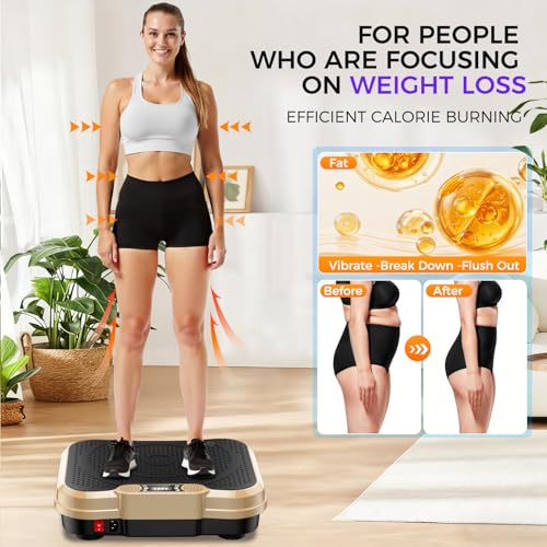 Vibration Plate Exercise Machine,Vibration Plate for Lymphatic Drainage Power Vibration Plate Machine Support 450 Lbs 250 Adjustable Speeds,Vibrating Plate Shake Plate Weight Loss - color: Gold