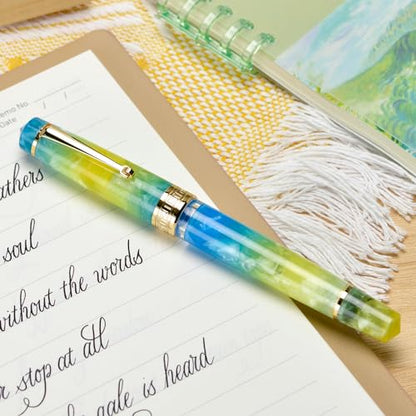 Asvine P20 Piston Fountain Pen, Stub Nib 1.1mm Calligraphy Art Drawing Gradual Yellow Acrylic with Case Set - color: Gradual Yellow, style: Stub Point