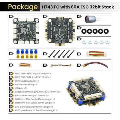 AERO SELFIE H743 Flight Controller with 60A 32 bit ESC 30x30 Stack: Supports 2-6S LiPo, Dual IMU, Compass, Barometer, Compatible with Betaflight, INAV, PX4, Ardupilot for FPV & Racing Drones