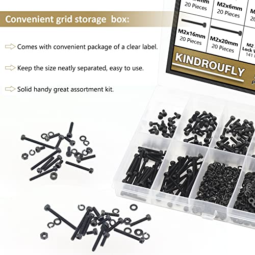 562 Pieces Black M2 x 4/6 /8/10 /12/16 /20mm Hex Socket Head Cap Screws Nuts Washers Assortment Kit, 12.9 Grade Alloy Steel - size: M2, style: Socket Head