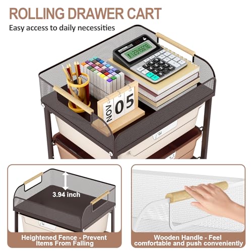 SYKIARIOL 4-Drawer Rolling Storage Cart with Mesh Top,Brown - color: Gradient Brown
