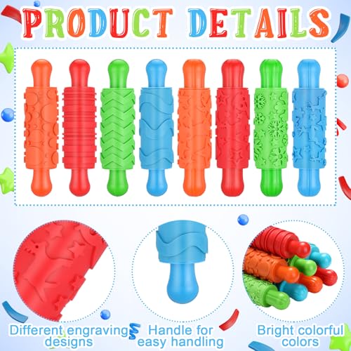 Aoriher 8 Play Clay Rollers for Kids Textured Rollers with Plastic Handles - size: 7.28 x 1.58 x 3.74 inches