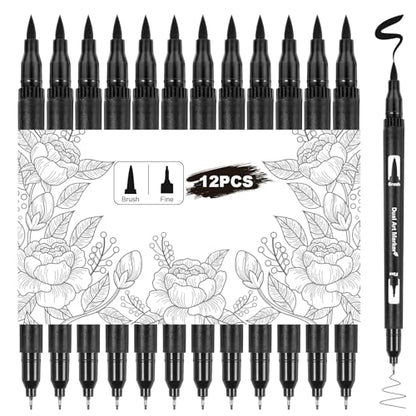 12 Pack Black Drawing Pens Felt Tip Brush Pen Fineliner Ink Pens
