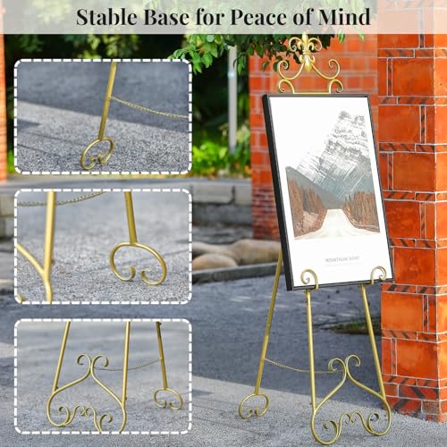 60” H Gold Easel Stand for Sign Large Adjustable Metal - color: Scrollwork Floral Top