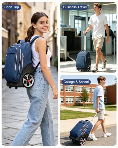 NEW TILAMI 19 Inch Rolling Backpack for School Stair-Climbing Big Wheel - color: Navy Blue