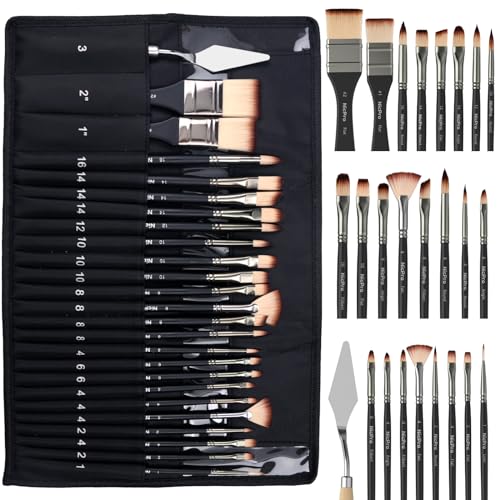 Nicpro 26pcs Professional Paint Brush Set with Palette Knife & Canvas Roll - color: Black