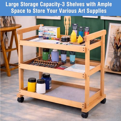 Falling in Art 3-Tier Beechwood Rolling Cart with Caster Wheels, Natural - color: Natural