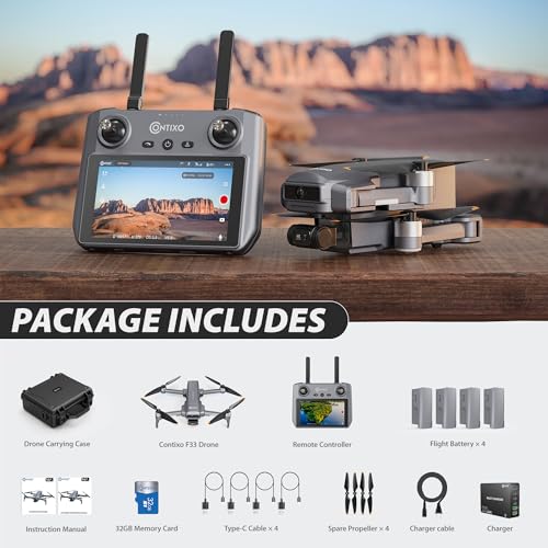 Contixo Drone for Adults, 4K Camera, 2-Axis Gimbal & EIS, Obstacle Avoidance, 5.5" Touch Screen Remote, GPS & Optical Flow, Brushless Motor, 4 Miles Flight & FPV Transmission, 42 * 4 Min Flight Time - style: F33 4 Batteries