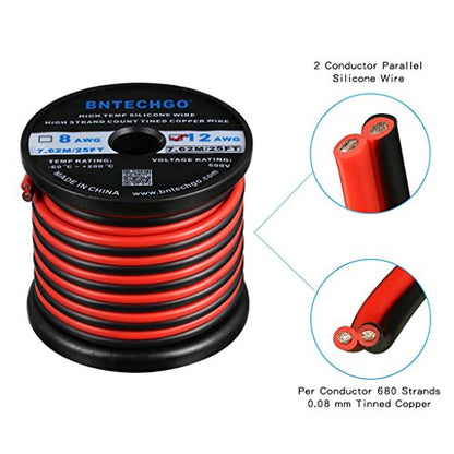 BNTECHGO 12 Gauge 2 Conductor Parallel Silicone Wire Red Black 25ft Cable - color: 12 Parallel silicone wire 25ft, size: 12 AWG 25ft