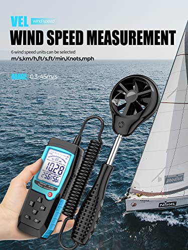 H12 Digital Anemometer Handheld Wind Speed Meter with Extended Wind Sensor, Measures Wind Speed Wind Flow Temperature and Humidity CFM Air Flow Velocity Meter with Big Backlit Screen