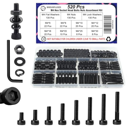 520Pcs M4 Screw Kit, Hex Socket Head Cap M4 Screws, M4 Bolts Nuts Washers - color: Black, size: Black M4 (520 Pcs)