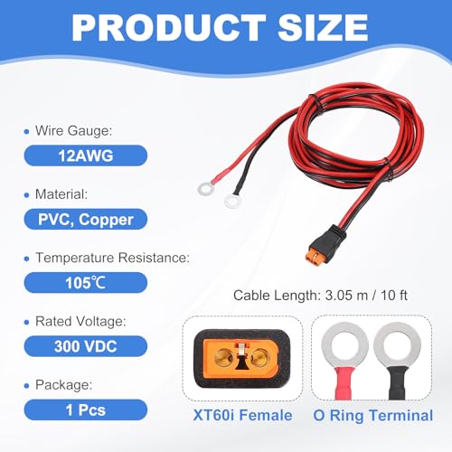 MECCANIXITY XT60i to O Ring Terminal Cable, 12AWG 10FT 300V XT60i Female to O Ring Eyelet Terminal Plug Connector for Lithium Batteries Solar Power Systems FPV Racing Drones - size: 12AWG 10FT, style: 300V