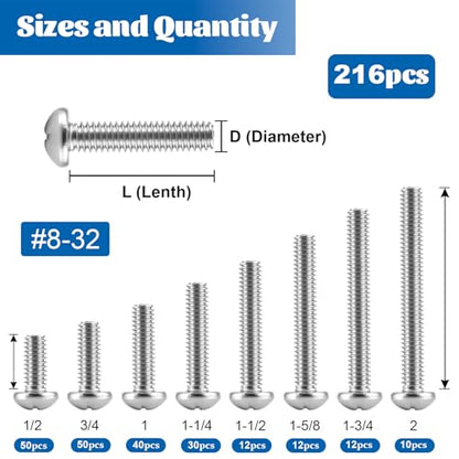 216PCS 8-32 Machine Screw Phillip Pan Head 304 Stainless Steel 1/2"-2" - size: SS #8-32 216PCS