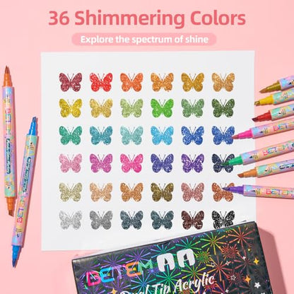 Betem 36 Glitter Paint Marker for Rock, Wood, Metallic Paint Pen with Case
