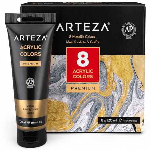 ARTEZA Metallic Acrylic Paint Set, 8 Classic Colors, 4.06 oz High-Viscosity - style: 8 x 120ml (4.06 fl oz) Metallic