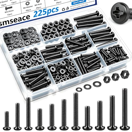 smseace 225Pcs Nuts and Bolts Assortment Kit 12-Sizes M4/M5/M6 Nut Bolt Washer Assortment Kit for Machinery, Furniture, Automotive, Motorcycle Repairs - color: Black, size: 225Pcs M4-M6