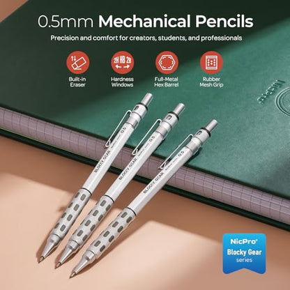 Nicpro 3 Pack Blocky Gear 0.5 mm Metal Mechanical Pencils Set with Case - style: 0.5mm