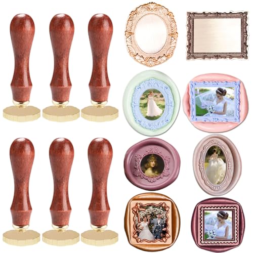 6pcs Frame Wax Seal Stamp Kit Brass Wax Seal Head with 6pcs Removable Wood Handle Vintage Photo Frame Stamp Design for Wedding Invitations Sealing Letters Envelopes Diplomas Scrapbooking-Kit 2 - style: Kit 2