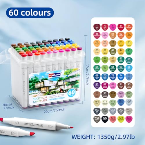 Alcohol Marker Pen Set, Fine & Chisel Dual-Tip Sketch Marker Set with Carrying Case for Drawing, Sketching, Anime, Manga (60)