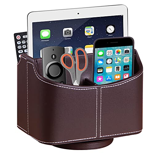 PU Leather Remote Control Holder, 360 Degree Spinning Desk TV Remote Caddy, Desk Organizers and Accessories, for Controller, Media, Mail, Calculator, Mobile Phone, Pen Storage Holder （Brown） - color: Brown