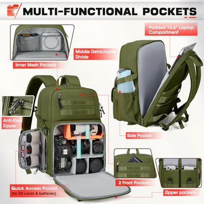 RAINSMORE Camera Backpack, DSLR/SLR/Mirrorless Camera Bag for Photographers - color: Army Green