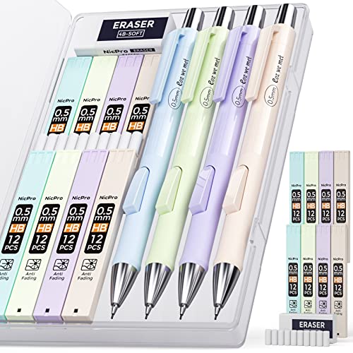 Nicpro 4PCS Pastel Mechanical Pencil 0.5mm, Cute Pencils Fast Click - style: 4PCS-0.5mm