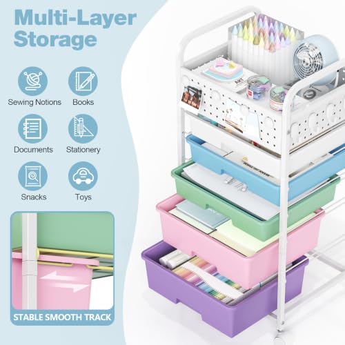 5 Drawer Rolling Storage Cart with Pegboard Top and Hooks, Ice Cream - color: Ice Cream, size: 5-Drawers