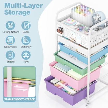 5 Drawer Rolling Storage Cart with Pegboard Top and Hooks, Ice Cream - color: Ice Cream, size: 5-Drawers