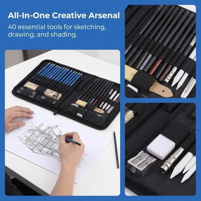 Drawing Pencils Kit, 40 Piece Sketching Set with Graphite, Charcoal, Pastel Pencils, Erasers, Sharpeners, Carrying Bag