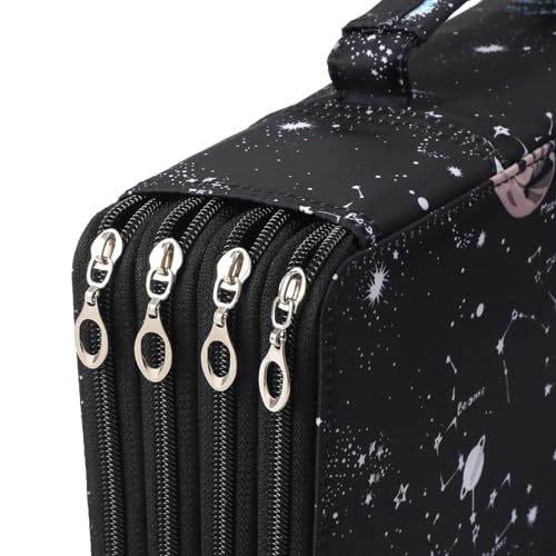 300 Slots Canvas Pencil Case 4-Layer Zipped Holder w/Handle - color: Galaxy Black, size: 300