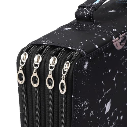 300 Slots Canvas Pencil Case 4-Layer Zipped Holder w/Handle - color: Galaxy Black, size: 300