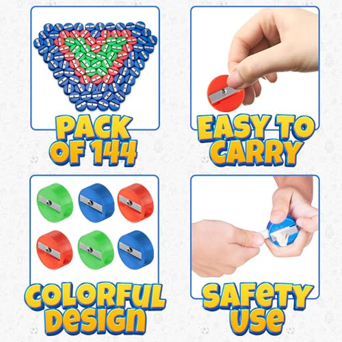 Mini Pencil Sharpeners (144-Pack) Pocket Handheld Colored Pencil Sharpeners