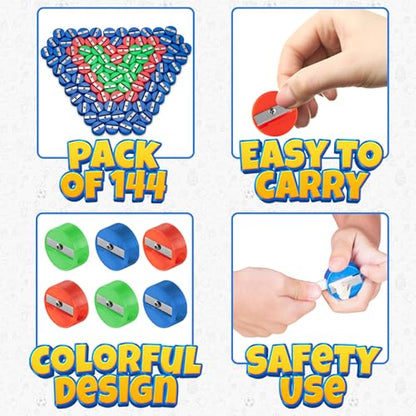 Mini Pencil Sharpeners (144-Pack) Pocket Handheld Colored Pencil Sharpeners