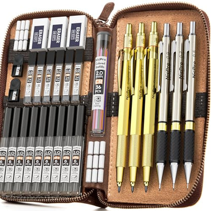 Nicpro 30PCS Art Mechanical Pencils Set in Leather Case-Gold - color: Gold