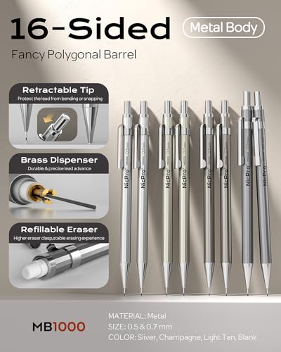 Nicpro 8 Pack 0.5mm & 0.7mm Metal Mechanical Pencil Set, MB1000 - style: 8 Pack （0.5mm & 0.7mm）