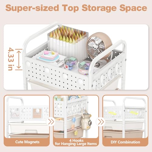 4 Drawer Rolling Storage Cart with Pegboard Top and Hooks, Brown - color: Brown, size: 4-Drawers